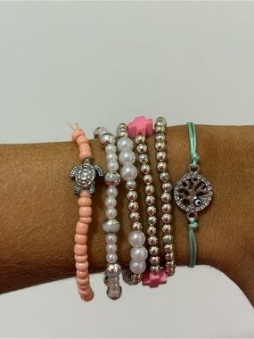 Pink Beaded Stack Bracelet Set with Silver Accents